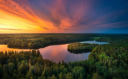 自然，景观，芬兰，森林，湖，日落