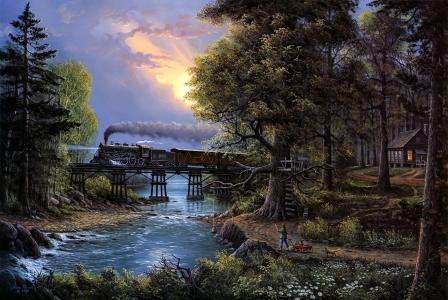 杰西·巴恩斯，绘画，蒸汽机，森林，桥，河，男孩，游戏，天空，太阳
