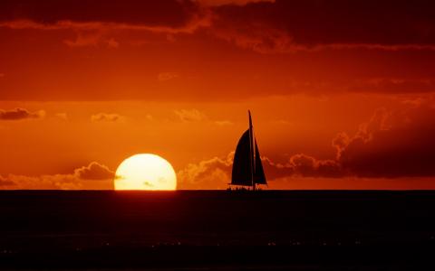 帆船，海，太阳，日落