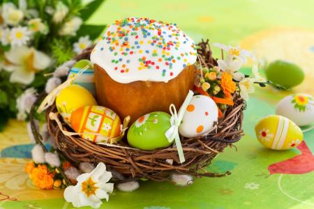 复活节，复活节，假期，分支机构，鲜花，柳树，巢，鸡蛋，krashenki，复活节蛋糕