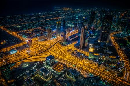 迪拜，房子，道路，连成一片，夜，从上面，城市