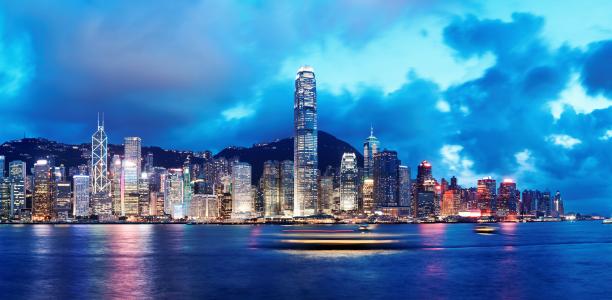 香港，中国，摩天大楼，山，湾，晚上，城市