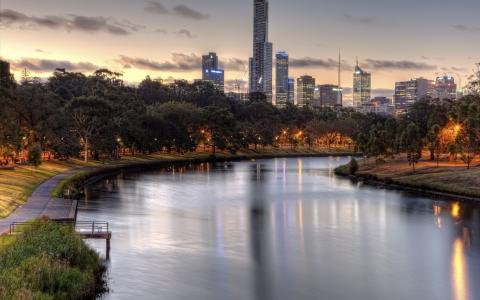 城市，美丽，建筑，查看，亲爱的，澳大利亚，河，晚上，灯