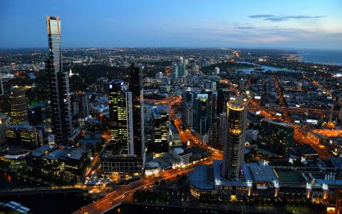悉尼，澳大利亚，摩天大楼，岸边，晚上
