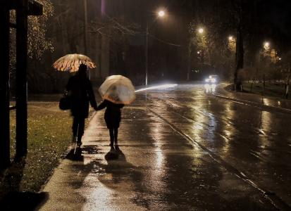 街，夜，雨，情侣，雨伞