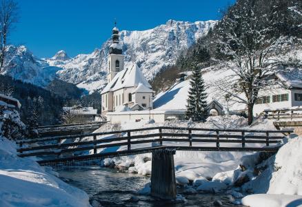 冬天，山，巴伐利亚，雪，山区河流