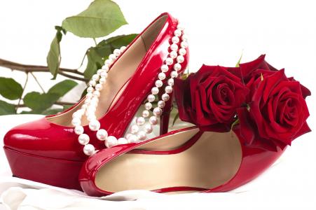 花，鞋，项链，鞋子，性感，浪漫，花卉，玫瑰，珍珠