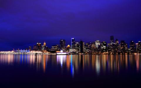 反射，夜晚的城市，不列颠哥伦比亚省，灯光，加拿大，温哥华，加拿大，河流