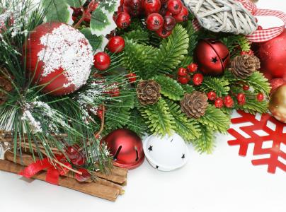 新年，圣诞节，锥体，分支，云杉，枞树，冬青树，球，红色，白色，球，玩具，肉桂，假期