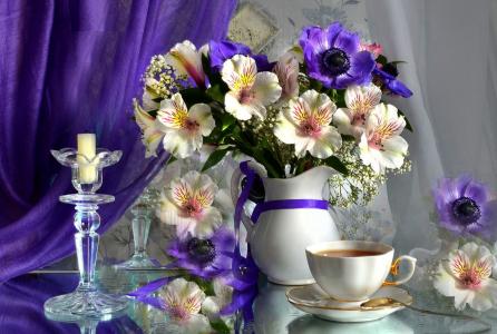 花，碟，茶，杯，花束，六出，银莲花，水罐，窗帘，蜡烛