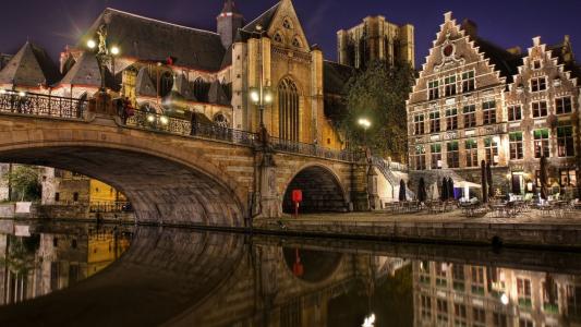 比利时，河，桥，建筑物，夜间，灯光，路灯，休息，美容