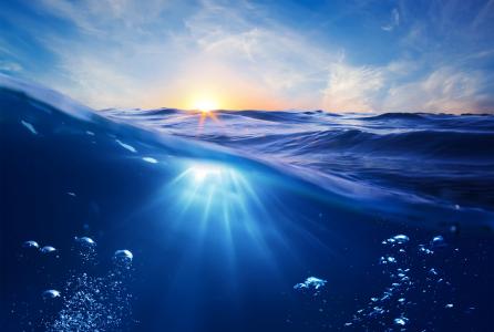 海洋，日落，太阳，在水之下，光芒，泡影