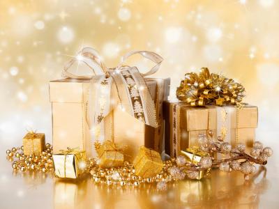 新年，新年，假期，箱子，礼物，丝带，弓，金黄