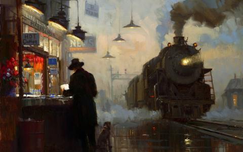 油画，站，火车头，火车站，男子，在一顶帽子，亭，新闻，夫妇