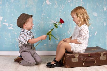 孩子，男孩，女孩，手提箱，花，玫瑰，感情