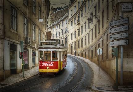 城市，街道，电车，葡萄牙，里斯本，建筑物，铁路