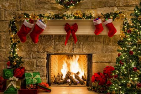 房间，壁炉，舒适，礼品，圣诞树，装饰，靴子，弓，新的一年，心情