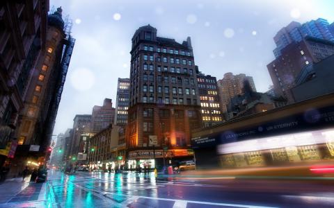 百老汇，纽约，纽约，纽约，百老汇，雨夜，美国，华丽的街道