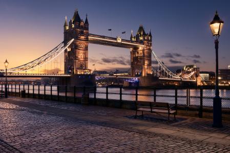 河，码头，灯，塔桥，英国，晚上，城市，英格兰，伦敦，板凳，塔桥，照明