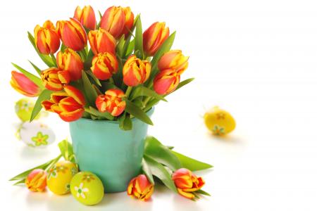 复活节，鸡蛋，斗，花束，鲜花，郁金香