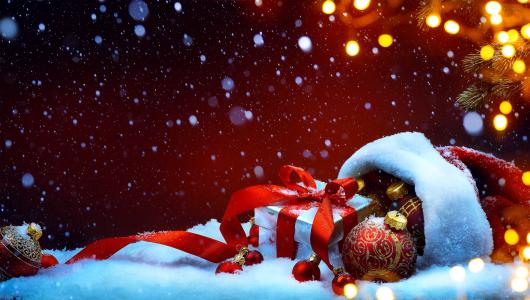 新的一年，圣诞节，帽，球，假期，礼物，框，雪，云杉，装饰品