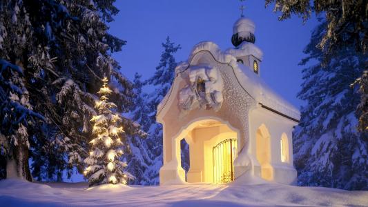 圣诞树，圣诞节，雪，教堂，冬天