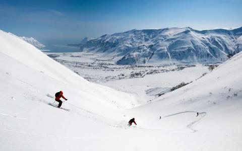 滑雪者，高山，山谷，雪地，血统，斜坡，雪山，滑雪板，速度