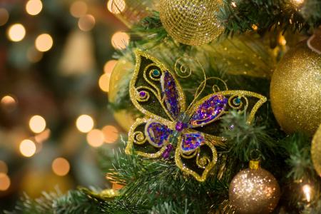 圣诞树，蝴蝶，球，玩具，装饰