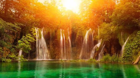 自然，瀑布，湖，森林，太阳，日落，级联