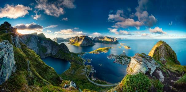 挪威，性质，照片，美丽，山，海，村，天空，太阳