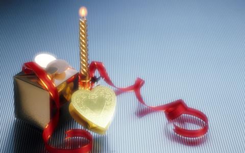 心，新的一年，丝带，礼物，蜡烛