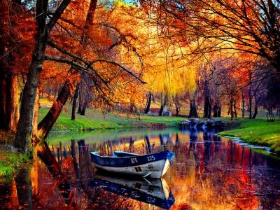 秋天的森林，河，船，反射