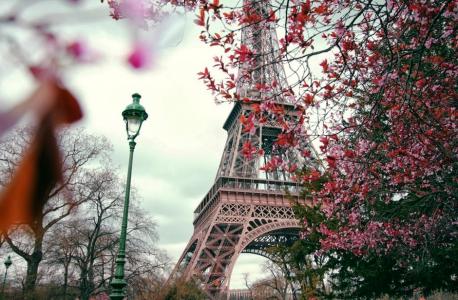 埃菲尔铁塔，灯笼，树木，红叶，巴黎秋天的片段