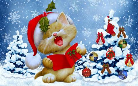 明信片，小猫，假期，圣诞树，优雅，球，玩具，雪花，帽，心情
