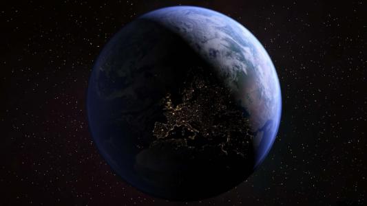 空间，行星，地球，黑暗的背景，大洲，欧亚大陆，非洲，灯，欧洲