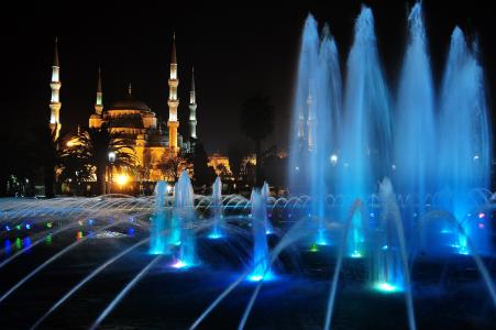 照片，土耳其，伊斯坦布尔，清真寺，苏丹艾哈迈德清真寺，喷泉，水，晚上，城市