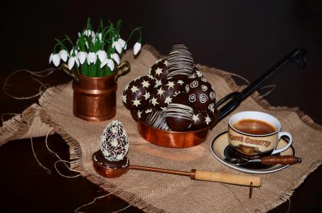 复活节，巧克力，糖果，五彩缤纷，咖啡，鸡蛋，杯，食物