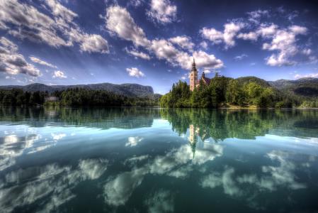 斯洛文尼亚，景观，湖，天空，云，布莱德岛，性质，夏天