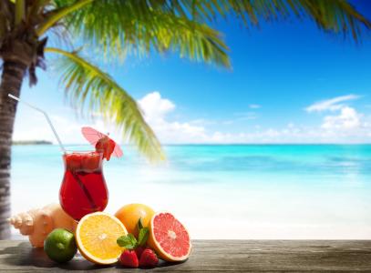 鸡尾酒，背景，度假村，海洋，棕榈树