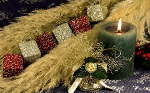绿色，多维数据集，圣诞装饰品，火焰，蜡烛，闪耀，假期，火，新的一年，贝尔