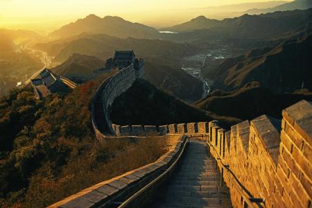 中国的长城，台阶，丘陵，地平线，阳光