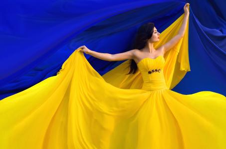女孩，舞蹈，礼服，黄色，蓝色背景，布，乌克兰，国旗
