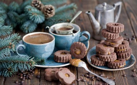 饼干，咖啡，新的一年，枞树，糖果，视锥细胞
