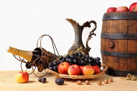 水果，苹果，篮子，桶，葡萄，水罐
