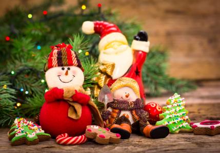 假期，新的一年，分支机构，云杉，毛皮树，玩具，雪人，圣诞老人