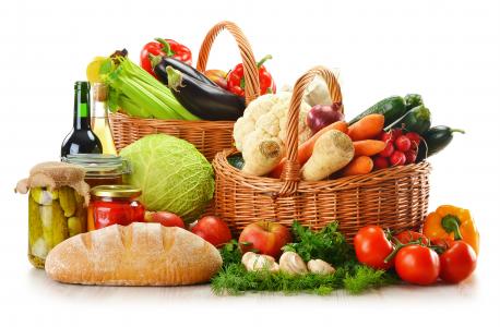 胡椒，水果，篮子，蔬菜，面包，西红柿