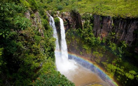 自然，瀑布，森林，河，水，岩石，彩虹，美丽