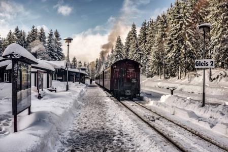 森林，雪，冬季，车站，火车，组成