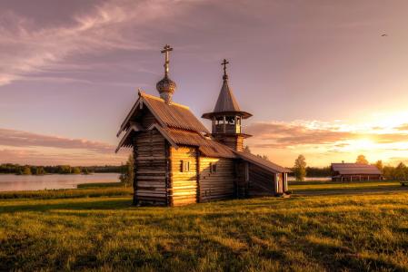基日岛，教堂，俄罗斯，草，日落