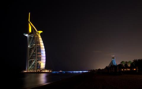 阿拉伯联合酋长国，迪拜，朱美拉海滩酒店，迪拜，夜间